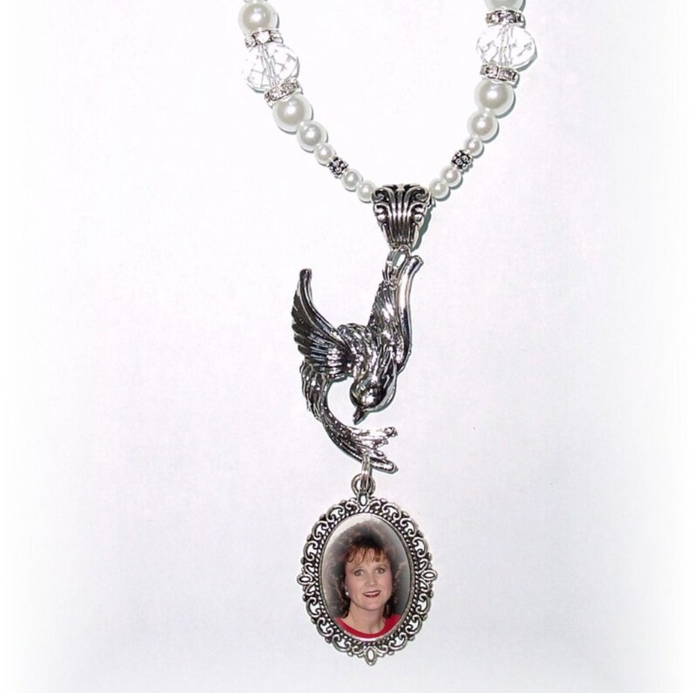 Wedding Bouquet Memorial Photo Charm Swallow Bird Crystals Pearls Silver Tibetan